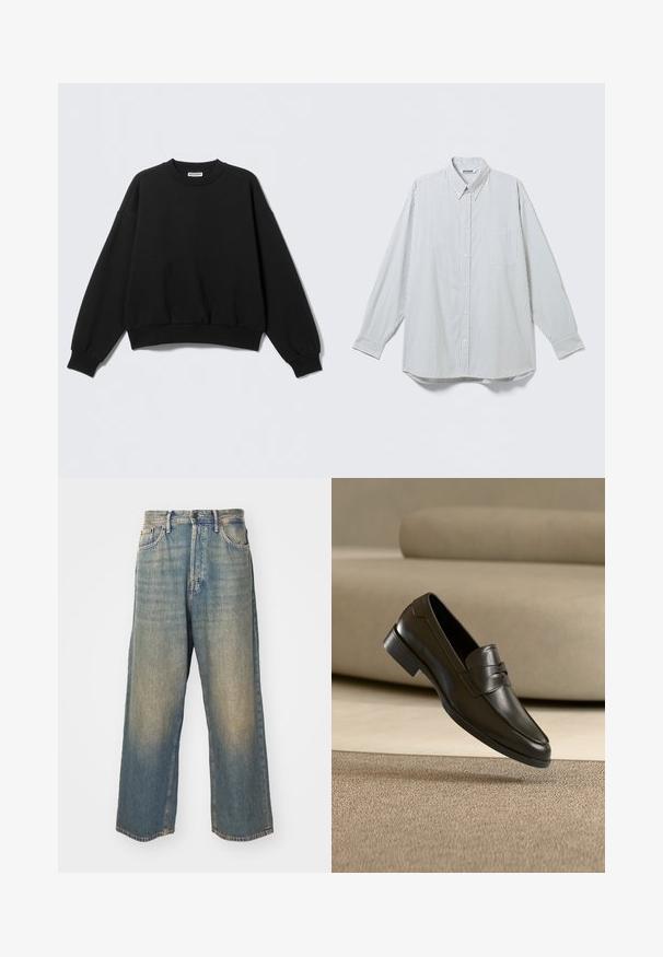 Zwarte sweatshirt met een losse pasvorm, ronde hals en lange, licht opgeblazen mouwen. Gemaakt van zacht materiaal met geribbelde boorden en zoom.; Wit overhemd met lange mouwen, knopen, dunne verticale zwarte strepen en een borstzakje, plat weergegeven op een lichte achtergrond.; High-rise, rechte, vervaagde blauwe spijkerbroek met zakken aan de voorkant en een knoopsluiting op een lichte achtergrond.; Zwarte leren loafer zwevend boven een beige tapijt met een beige bank op de achtergrond, met een klassiek mannenmodel instapontwerp.