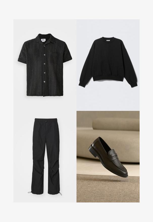 Sort sweatshirt med løs pasform, rund halsudskæring og lange, let puffede ærmer. Fremstillet af blødt stof med ribstrikkede manchetter og kant.; Kortærmet sort hæklede skjorte med en afslappet pasform, der har en knaplukning foran, en enkelt brystlomme og et tekstureret åbent mønster.; Sorte, letvægtige træningsbukser med elastisk talje, lynlåsdetaljer og justerbare manchetter; har en løs pasform og en glat tekstur.; Sort læder loafer sko, der hviler på et beige tæppe med en buet beige sofa i baggrunden.