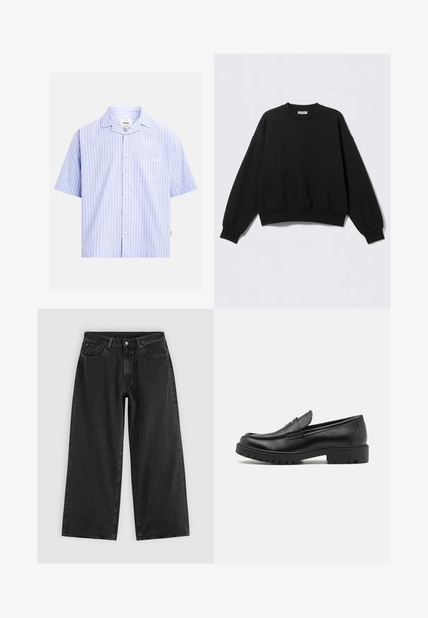 Sweat-shirt noir à coupe décontractée, col rond et manches longues légèrement bouffantes. Confectionné dans un tissu doux avec des poignets et un ourlet côtelés.; Chemise à manches courtes bleu clair avec des rayures verticales blanches, une poche poitrine et un texte blanc discret.; Jean en denim noir à jambes larges avec poches avant, passants pour ceinture et fermeture par boutons, présenté sur un fond clair uni.; Mocassins en cuir noir avec un bout arrondi, un design à enfiler et une semelle en caoutchouc épaisse avec une texture antidérapante. Talon surélevé et détails de surpiqûre subtils.