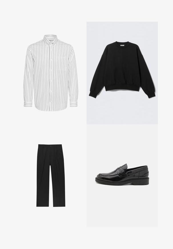 Zwarte sweatshirt met een losse pasvorm, ronde hals en lange, licht opgeblazen mouwen. Gemaakt van zacht materiaal met geribbelde boorden en zoom.; Witte overhemd met lange mouwen, zwarte verticale strepen, knoopsluiting kraag, enkele borstzak en contrasterende gestreepte manchetten.; Zwarte broeken met een recht model, gemaakt van een gladde stof. Voorzien van een voorplooien en een enkele knoopsluiting bij de taille.; Zwarte leren instappers met een gladde afwerking, ronde neus, lage hak en decoratieve stiksels aan de voorkant. Rubberen buitenzool voor grip.