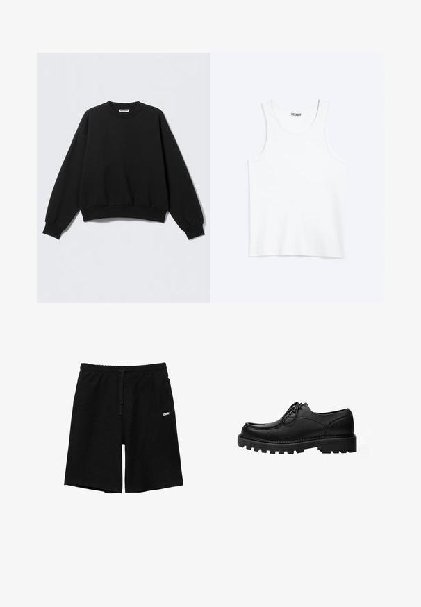 Sweat-shirt noir à coupe décontractée, col rond et manches longues légèrement bouffantes. Confectionné dans un tissu doux avec des poignets et un ourlet côtelés.; Débardeur blanc sans manches avec col rond et étiquette de la marque Weekday à l'intérieur du col arrière, présenté à plat sur un fond clair.; Shorts noirs arrivant au genou avec taille élastique et cordon de serrage, avec petit logo blanc sur la cuisse gauche, isolés sur fond blanc.; Chaussure noire en cuir à lacets avec une semelle épaisse et robuste et des coutures détaillées sur la tige, conçue pour un usage formel ou décontracté.