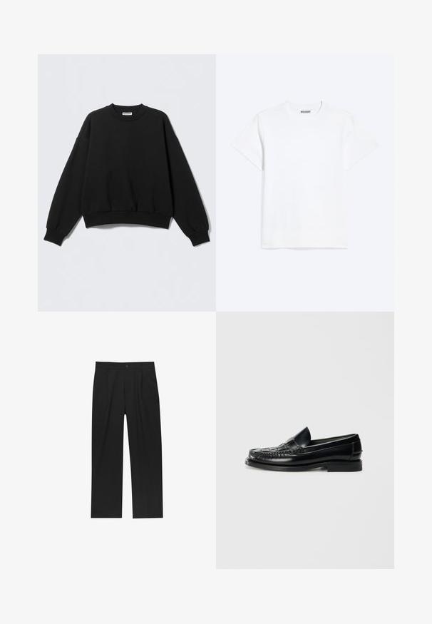 Sweat-shirt noir à coupe décontractée, col rond et manches longues légèrement bouffantes. Confectionné dans un tissu doux avec des poignets et un ourlet côtelés.; T-shirt blanc uni à manches courtes et col rond, avec une étiquette "WEEKDAY" à l'intérieur du col arrière, présenté sur un fond clair.; Pantalons noirs au design droit, fabriqués à partir d'un tissu lisse. Dotés de plis sur le devant et d'une fermeture à un bouton à la taille.; Hereu NOMBELA - Chaussons - black