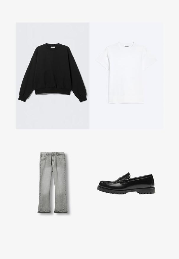 Sweat-shirt noir à coupe décontractée, col rond et manches longues légèrement bouffantes. Confectionné dans un tissu doux avec des poignets et un ourlet côtelés.; T-shirt blanc uni à manches courtes et col rond, avec une étiquette "WEEKDAY" à l'intérieur du col arrière, présenté sur un fond clair.; Jean gris à jambes larges avec poches avant et arrière, passants de ceinture, fermeture par bouton et ourlet brut.; Mocassin en cuir noir avec une semelle en caoutchouc épaisse et un détail classique de bride à monnaie, vu de côté extérieur.