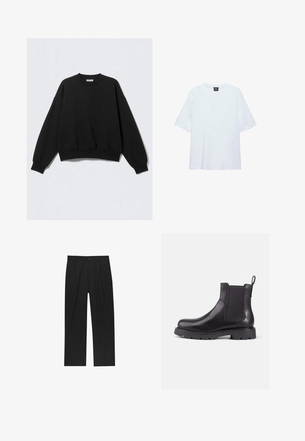 Zwarte sweatshirt met een losse pasvorm, ronde hals en lange, licht opgeblazen mouwen. Gemaakt van zacht materiaal met geribbelde boorden en zoom.; Effen witte oversized T-shirt met korte mouwen, ronde halslijn en een zwart label aan de binnenkant van de kraag, op een witte achtergrond.; Zwarte broeken met een recht model, gemaakt van een gladde stof. Voorzien van een voorplooien en een enkele knoopsluiting bij de taille.; Zwarte leren Chelsea-boots met elastische zijpanelen, ronde neus en gestructureerde rubberen zool. Voorzien van een achterste trekflap voor gemakkelijk aan- en uittrekken.
