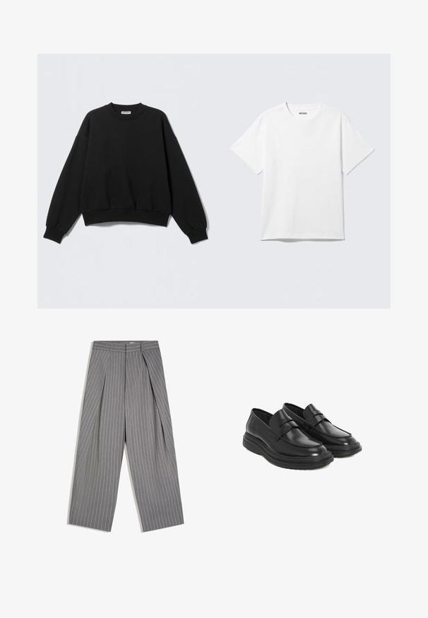 Sweat-shirt noir à coupe décontractée, col rond et manches longues légèrement bouffantes. Confectionné dans un tissu doux avec des poignets et un ourlet côtelés.; T-shirt blanc à manches courtes et col rond, étalé à plat, design uni, avec l'étiquette "WEEKDAY" à l'intérieur du col sur un fond clair.; Pantalon gris à jambes larges avec fines rayures blanches et plis à l'avant, avec une taille haute et des passants pour ceinture.; Mocassins en cuir noir avec un bout arrondi, des coutures décoratives et une semelle en caoutchouc à plateforme. Présente une bandoulière décorative sur le devant.