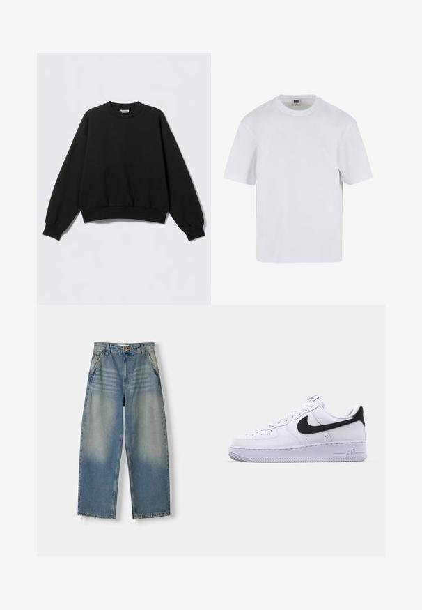 Zwarte sweatshirt met een losse pasvorm, ronde hals en lange, licht opgeblazen mouwen. Gemaakt van zacht materiaal met geribbelde boorden en zoom.; Witte kraagloze t-shirt met korte mouwen, gemaakt van katoen. Heeft een ronde halslijn en een losse pasvorm. Soepele textuur, minimalistisch ontwerp, geen patronen of accenten.; Lichtblauwe denim broek met wijde pijpen en een vervaagde afwerking, vijf zakken ontwerp en een ruwe zoom. Voorzien van een knoop- en ritssluiting aan de voorkant.; Witte leren sneaker met een gestructureerde zwarte Swoosh, platte veters en een rubberen zool met een geribbeld patroon. "AIR" is in de hak geperst.