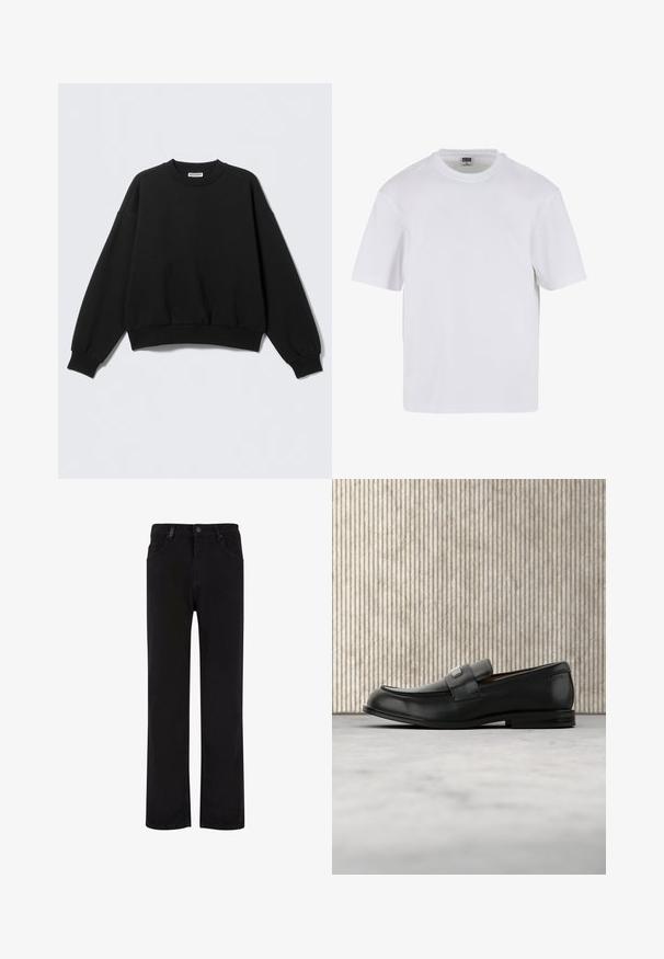 Zwarte sweatshirt met een losse pasvorm, ronde hals en lange, licht opgeblazen mouwen. Gemaakt van zacht materiaal met geribbelde boorden en zoom.; Witte kraagloze t-shirt met korte mouwen, gemaakt van katoen. Heeft een ronde halslijn en een losse pasvorm. Soepele textuur, minimalistisch ontwerp, geen patronen of accenten.; Zwarte denim broek met een recht model, voorzien van een knoopsluiting, riemlussen en voorzakken. Gladde textuur en uniforme kleur.; Zwarte leren loafer met een metalen merktekenplaatje, rustend bij een bruine ronde tafel op een beige tapijtvloer.