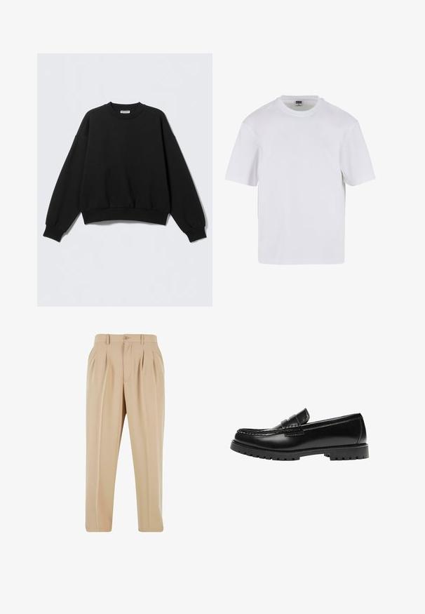 Sort sweatshirt med løs pasform, rund halsudskæring og lange, let puffede ærmer. Fremstillet af blødt stof med ribstrikkede manchetter og kant.; Hvid kortærmet t-shirt lavet af bomuld. Har en rund halsudskæring og en afslappet pasform. Glat tekstur, minimalistisk design, ingen mønstre eller accenter.; Beige plisserede bukser med lige ben-design, lavet af glat stof, med en knaplukning og løkker til bælte i taljen.; Sort læderloafer med en kraftig gummisål og klassiske penny-strap detaljer, vist fra ydersiden.
