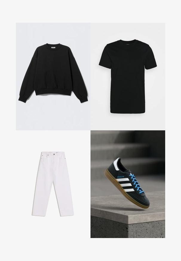 Sweat-shirt noir à coupe décontractée, col rond et manches longues légèrement bouffantes. Confectionné dans un tissu doux avec des poignets et un ourlet côtelés.; T-shirt noir à manches courtes en coton lisse, avec un col ras du cou et un design simple sans motifs ni accents.; Jean blanc droit avec cinq poches, passants pour ceinture, et fermeture à bouton et glissière à l'avant sur un fond uni.; Baskets Adidas noires avec des rayures blanches, des lacets bleus et une semelle en gomme flottant au-dessus d'une marche en béton grise sous une lumière douce.