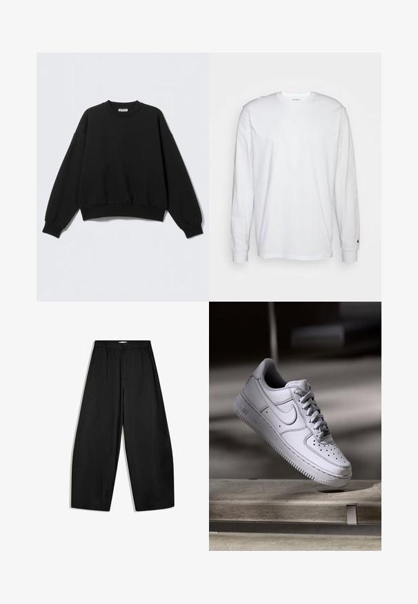 Sweat-shirt noir à coupe décontractée, col rond et manches longues légèrement bouffantes. Confectionné dans un tissu doux avec des poignets et un ourlet côtelés.; T-shirt blanc à manches longues en coton. Design à col rond avec des poignets côtelés et un petit logo sur la manche gauche. Texture lisse.; Pantalon noir à jambes larges, taille haute, fermeture à boutons et plis sur le devant, présenté sur fond blanc.; La basket Nike Air Force 1 en cuir blanc présente un embout perforé, des lacets plats et une semelle en caoutchouc texturée avec le logo « AIR » sur le côté.