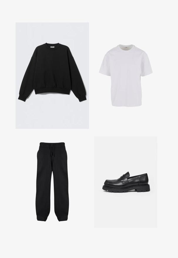 Sudadera negra con un ajuste relajado, cuello redondo y mangas largas ligeramente abullonadas. Hecha de tela suave con puños y bajo acanalados.; Camiseta blanca de manga corta hecha de algodón suave, con un cuello redondo y un corte relajado con dobladillo recto. Sin patrones ni acentos visibles.; Pantalones de chándal negros con cintura elástica, cordón y bolsillos laterales. Fabricados con una tela suave, tienen un corte holgado y tobillos ajustados.; Mocasín negro de cuero con suela gruesa y acanalada y detalle de tira para moneda, mostrado en perfil lateral derecho sobre fondo blanco.