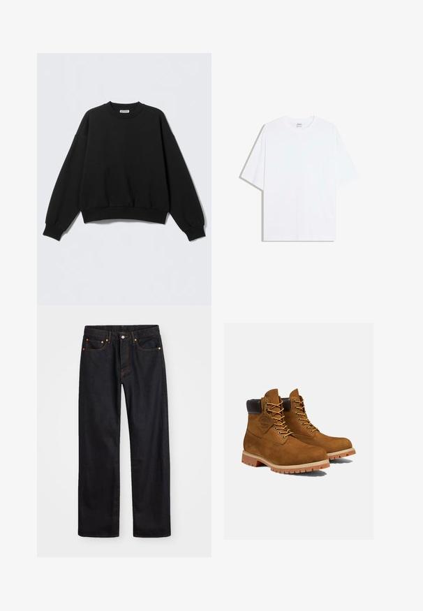 Zwarte sweatshirt met een losse pasvorm, ronde hals en lange, licht opgeblazen mouwen. Gemaakt van zacht materiaal met geribbelde boorden en zoom.; Wit oversized katoenen T-shirt met een ronde hals en korte mouwen; gladde textuur, zonder zichtbare patronen of accenten.; Heren straight-leg zwarte denim jeans met vijf zakken en oranje stiksels, knoop- en ritssluiting op de voorkant van de tailleband.; Bruine suède enkellaarsjes met een gevoerde zwarte kraag, gouden oogjes en een dikke rubberen zool met een profielpatroon voor grip.