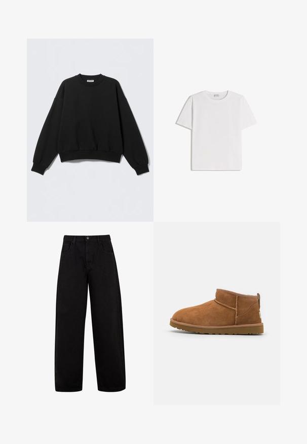 Zwarte sweatshirt met een losse pasvorm, ronde hals en lange, licht opgeblazen mouwen. Gemaakt van zacht materiaal met geribbelde boorden en zoom.; Wit katoenen T-shirt met een ronde hals en korte mouwen. Heeft een klassieke, rechte pasvorm zonder zichtbare patronen of accenten.; Zwarte wijde jeans van denim, met voorzakken, een knoopsluiting en een strak, minimalistisch ontwerp zonder zichtbare patronen.; Tan suède enkellaars met een ronde neus, subtiele stiksels en een gestructureerde rubberen zool. Korte hoogte zonder veters.
