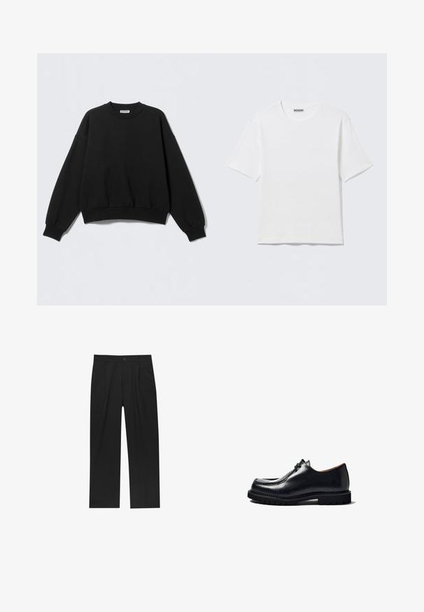 Zwarte sweatshirt met een losse pasvorm, ronde hals en lange, licht opgeblazen mouwen. Gemaakt van zacht materiaal met geribbelde boorden en zoom.; Effen witte T-shirt met korte mouwen en ronde hals, met een klein "WEEKDAY" label aan de binnenkant van de achterkraag, weergegeven op een vlakke ondergrond.; Zwarte broeken met een recht model, gemaakt van een gladde stof. Voorzien van een voorplooien en een enkele knoopsluiting bij de taille.; Zwarte leren schoen met een ronde neus, vetersluiting, gestikte details en een gestructureerde rubberen zool. Gladde oppervlakte met een glanzende afwerking.