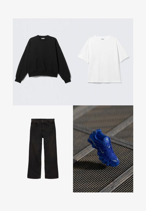 Sort sweatshirt med løs pasform, rund halsudskæring og lange, let puffede ærmer. Fremstillet af blødt stof med ribstrikkede manchetter og kant.; Hvid oversized t-shirt med korte ærmer og rund halsudskæring med sænkede skuldre, fladt lagt på lys grå baggrund.; Sorte jeans med lige ben, for- og baglommer, bæltestropper, knaplukning og synlige syninger.; Blå sportsko med overdel i mesh, struktureret design og fremtrædende sål med tydelige dæmpningselementer og reflekterende detaljer.