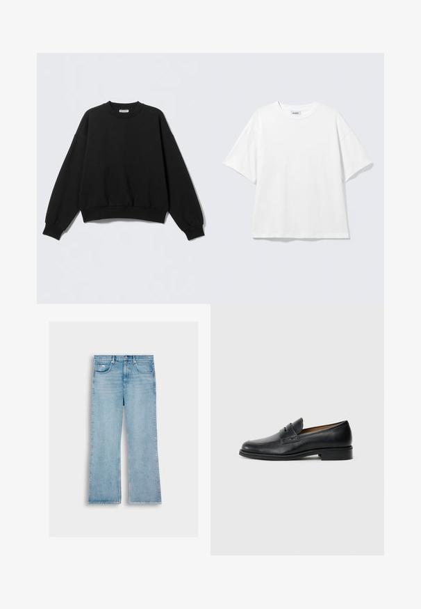 Sort sweatshirt med løs pasform, rund halsudskæring og lange, let puffede ærmer. Fremstillet af blødt stof med ribstrikkede manchetter og kant.; Hvid oversized t-shirt med korte ærmer og rund halsudskæring med sænkede skuldre, fladt lagt på lys grå baggrund.; Lyseblå denimbukser med lige ben, der har fem lommer, knaplukning og syning langs sømmene.; Sorte læder loafers med en rund tå, som har en frontrem detalje og en lav, solid hæl. Glat tekstur og elegant design.