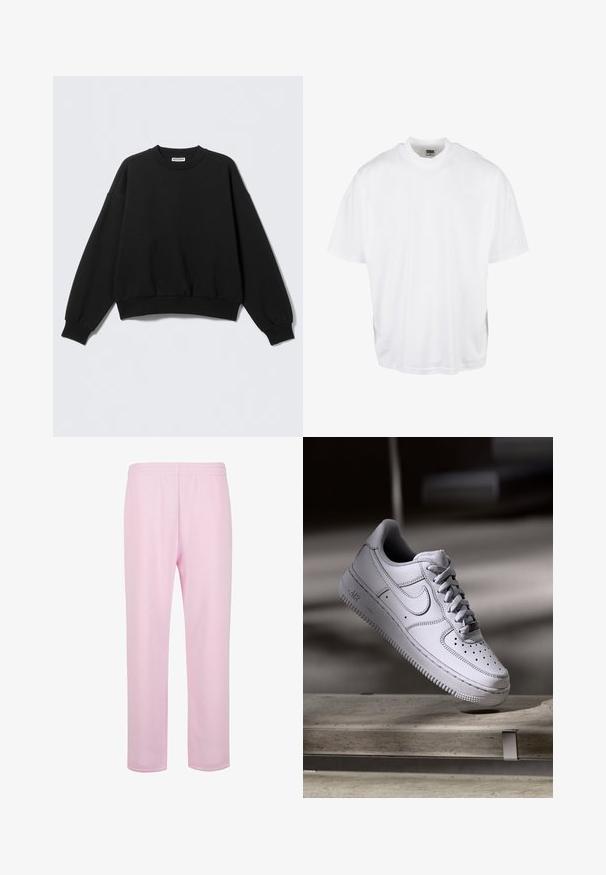 Sweat-shirt noir à coupe décontractée, col rond et manches longues légèrement bouffantes. Confectionné dans un tissu doux avec des poignets et un ourlet côtelés.; T-shirt en coton blanc avec une coupe décontractée, des manches courtes et un col rond, présentant un ourlet droit et sans graphiques ni motifs visibles.; Pantalons de survêtement rose clair en coton doux. Dotés d'une taille élastique et d'une coupe droite et décontractée. Pas de poches visibles ni de motifs.; La basket Nike Air Force 1 en cuir blanc présente un embout perforé, des lacets plats et une semelle en caoutchouc texturée avec le logo « AIR » sur le côté.