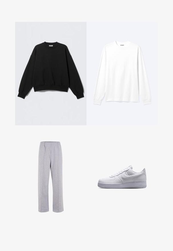 Sudadera negra con un ajuste relajado, cuello redondo y mangas largas ligeramente abullonadas. Hecha de tela suave con puños y bajo acanalados.; Camisa blanca lisa de manga larga con cuello redondo y puños acanalados, mostrada sobre un fondo claro y neutro.; Pantalones de chándal de algodón ligero en color gris, con cintura elástica, piernas rectas y costuras visibles. Sin bolsillos ni adornos.; Zapatilla blanca Nike Air Force 1 de caña baja con cierre de cordones y suela texturizada, mostrada en perfil lateral sobre un fondo blanco.