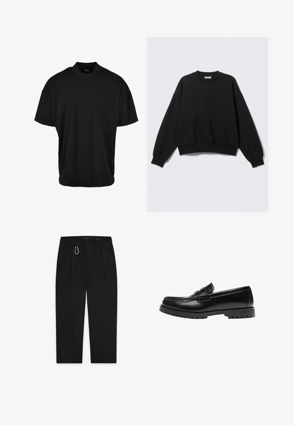 Schwarzer Pullover mit lockerer Passform, Rundhalsausschnitt und langen, leicht aufgeblasenen Ärmeln. Hergestellt aus weichem Stoff mit gerippten Bündchen und Saum.; Schwarzes T-Shirt mit kurzen Ärmeln und Rundhalsausschnitt, aus weichem Stoff, mit lockerer Passform und ohne sichtbare Muster oder Akzente.; Schwarze Hose mit geradem Bein-Design, ausgestattet mit einem silbernen Karabinerclip und zwei Seitentaschen. Hergestellt aus glattem Stoff.; Schwarzer Leder-Slipper mit dicker Gummisohle und klassischem Penny-Detail an der Riemen, von der Außenseite gezeigt.