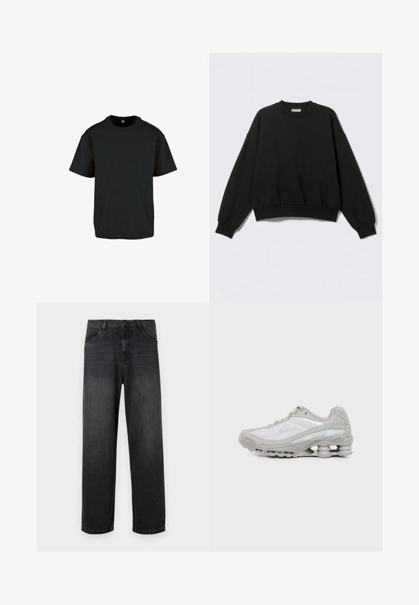 Mustast kangast lahtise lõikega dressipluus, millel on ümar kaelus ja pikad, kergelt õhulised varrukad. Valmistatud pehmest kangast, millel on soonikud mansettide ja alaosa juures.; Must must t-särk ümmarguse kaelusega ja lühikeste varrukatega; omab lõdva lõiget ja siledat, tekstuurset pinda.; Tumed hallid teksapüksid sirge säärega, millel on lukuga kinni minek, viis taskut ning õrnad pleekimisdetailid vatiinil.; Hall ja valge sportkinga võrkpaneelide, nöörimissüsteemi ja ainulaadse kevadlaadse tallaga, mis pakkub pehmendust ja tuge.