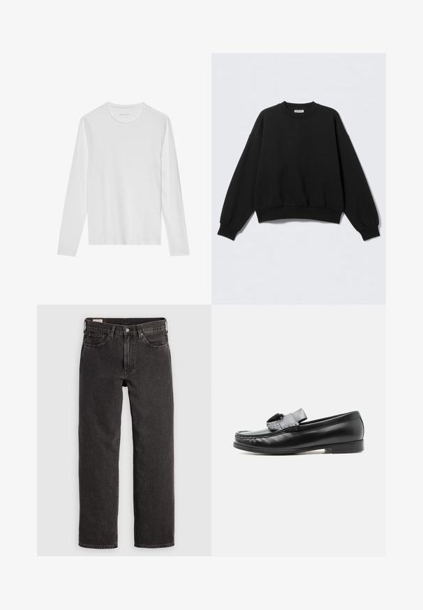 Sudadera negra con un ajuste relajado, cuello redondo y mangas largas ligeramente abullonadas. Hecha de tela suave con puños y bajo acanalados.; Camiseta blanca de manga larga hecha de algodón suave, con cuello redondo y una textura lisa sin patrones ni detalles visibles.; Jeans de mezclilla negra con un diseño de pierna recta, cinco bolsillos y herrajes metálicos. La tela tiene una ligera textura y un acabado de color sólido.; Mocasín de cuero negro con detalle de borla, tacón bajo y puntera redondeada, mostrado de perfil sobre un fondo claro y liso.