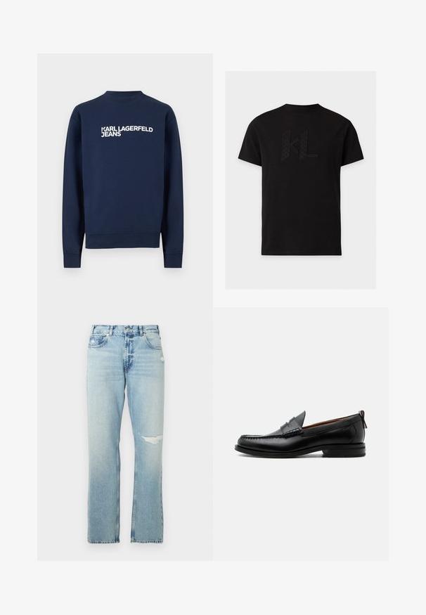 Marineblauer Pullover mit langen Ärmeln, gerippten Bündchen und Kragen, mit weißem "KARL LAGERFELD JEANS"-Logo auf der Brust.; Schwarzes T-Shirt mit kurzen Ärmeln und einem dezent geprägten "KL"-Logo auf der Brust, abgebildet vor einem schlichten hellgrauen Hintergrund.; Hellblaue Jeans im Straight-Leg-Design mit leichten Used-Effekten und hohem Bund. Mit fünf Taschen und Metalldetails.; Schwarzer Leder-Herrenschuh mit Mokassinnaht, Penny-Riemen, strukturiertem Kragen und niedrigem gestapeltem Absatz auf weißem Hintergrund.