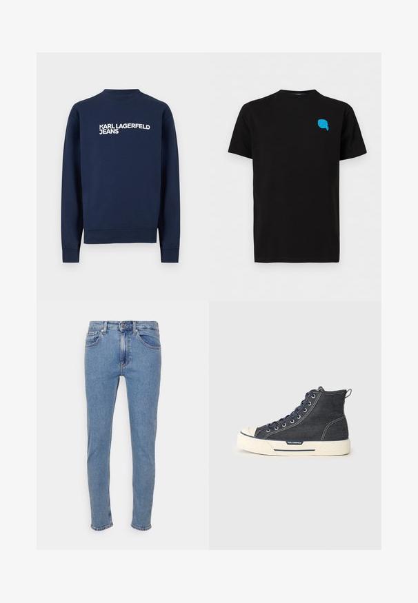 Tmavomodrá mikina s dlhými rukávmi, rebrovanými manžetami a golierom, s bielym nápisom "KARL LAGERFELD JEANS" na hrudi.; Čierne tričko s krátkym rukávom s malou modrou grafikou tváre v slnečných okuliaroch a s šatkou na hlave na ľavej hornej časti hrude.; Svetlomodré slim-fit džínsy s predným gombíkom a zipsom, predné a zadné vrecká, zobrazené na bielom pozadí.; High-top tenisky vyrobené z tmavého denimu s krémovou gumovou podrážkou, s námorníckymi šnúrkami a zadným úchytom. Logo na boku.