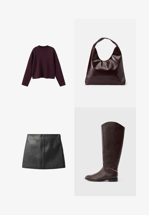 Pull en tricot bordeaux avec un design court, un col rond côtelé et des manches longues. Texture douce et coupe décontractée, détails minimalistes.; Jupe en cuir noir avec une texture lisse, un design ajusté et une silhouette minimaliste. Présente un détail de couture central et une fermeture éclair latérale discrète.; Botte en cuir marron foncé montant jusqu'au genou, avec un talon plat et un petit charm argenté décoratif près de la cheville sur fond blanc.; Sac en cuir vegan bordeaux, brillant, avec une forme douce et sculpturale et une large poignée incurvée pour un transport facile.