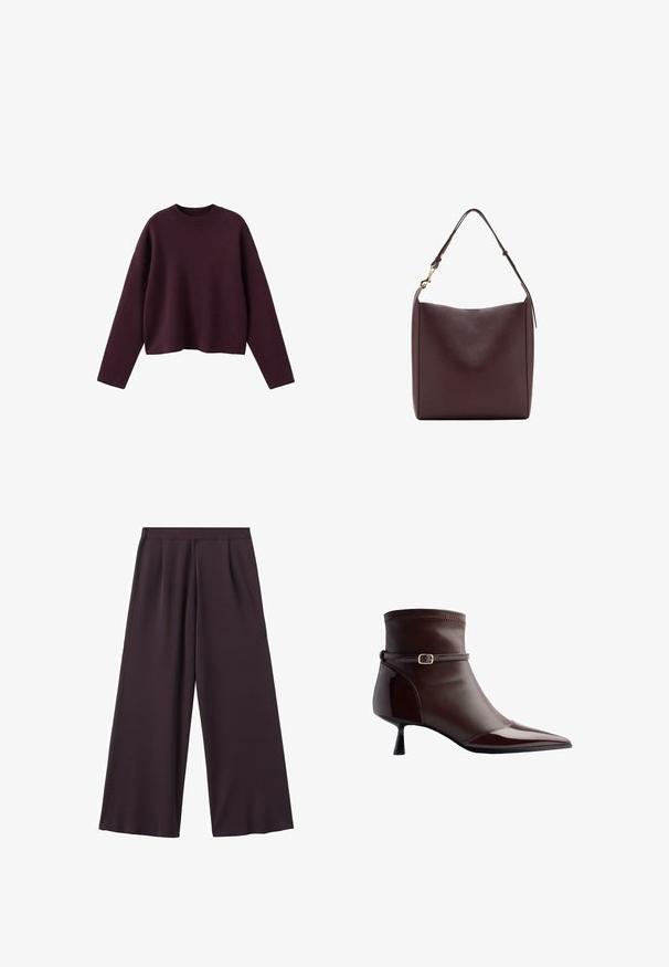 Bourgognefarvet strikket sweater med cropped design, ribbet rund halsudskæring og lange ærmer. Blød tekstur og afslappet pasform, minimal detaljering.; Mørkebrune bukser med brede ben og kort længde, høj talje samt diskrete frontfolder, lagt fladt på en hvid baggrund.; Brune læder ankelstøvle med spidse tæer, lille kittenhæl og en tynd rem med en lille guldbuckle rundt om anklen.; Mørkebrun læderhåndtaske med en glat finish, enkelt justerbar skulderstrop og guldfarvet lås på hvid baggrund.