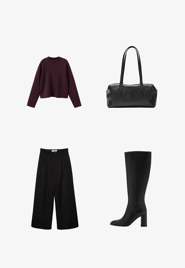 Pull en tricot bordeaux avec un design court, un col rond côtelé et des manches longues. Texture douce et coupe décontractée, détails minimalistes.; Pantalon noir à jambes larges avec taille haute, présentant des plis à l'avant, deux poches latérales et une fermeture par bouton. Texture de tissu lisse.; Botte noire montant, à talons, en cuir lisse. Présente une pointe ronde et un talon épais, avec un minimum de détails de couture.; Sac à main rectangulaire en cuir noir avec deux longues bandoulières et une fermeture zippée sur le dessus.