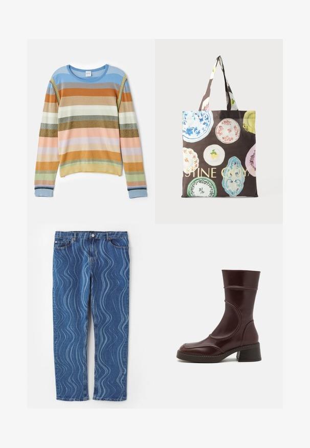 Striped knit sweater in blue, orange, green, and pastel shades. Features ribbed texture, round neckline, and decorative accents on sleeves.; Blue denim jeans featuring a wavy light blue pattern, straight leg cut, button closure, and stitched detailing on pockets.; MIISTA MALENE - Classic ankle boots - brown; Brown tote bag with colorful vintage plate designs and partial bold yellow text, featuring double fabric handles.