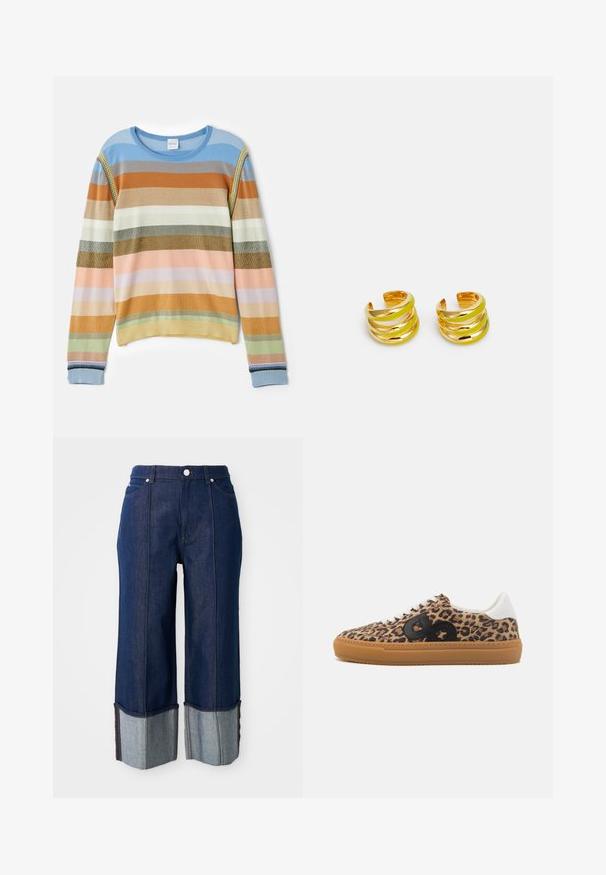 Gestreepte gebreide trui in blauw, oranje, groen en pasteltinten. Heeft een geribbelde textuur, ronde halslijn en decoratieve accenten op de mouwen.; Donkerblauwe wijde jeans met opgerolde pijpen die lichter denim tonen, met een knoop aan de voorkant en zakken, op een witte achtergrond.; Leopardprint sneakers met een zwart logo, witte accenten en een gumrubberen zool. Gemaakt van gestructureerde stof. Laag model.; MISHO SUME - Oorbellen - gold-coloured/lime green