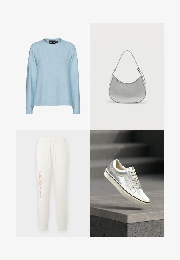 Lyseblå sweater med rund halsudskæring, lange raglanærmer og ribbede manchetter. Fremstillet af blødt materiale med en subtil tekstur.; Hvide sweatpants med en tætsiddende design, prydet med et pink "Nike Sportswear" logo på det venstre ben og elastisk talje med snore.; Lyse sølvfarvede sneakers med lavt snit, hvide snørebånd og sål, svævende over en betonforkant med slørede trapper i baggrunden.; Sølv faux læder håndtaske med en buet form, kort justerbar strop og glat overflade, præget af minimal syning.