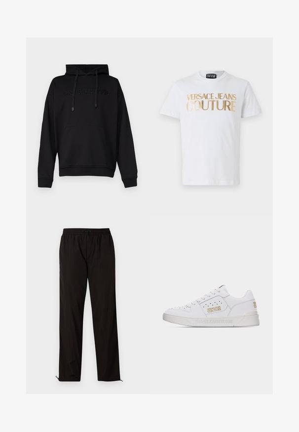 Sort hættetrøje med en frontlomme, snoretræk og prægede teksten "VERSACE JEANSCOUTURE" på brystet. Har en afslappet pasform og ribbede manchetter.; Hvid bomulds t-shirt med fedt guld "VERSACE JEANS COUTURE" tekst på fronten. Rund hals og korte ærmer.; Sorte letvægtsbukser med elastisk talje, snørrelseslukning og lynlåse i kanten for justerbar pasform. Glat, elegant tekstur.; Hvid lavt sneaksko med perforerede detaljer, snørelukning foran og guld "Versace Jeans Couture" logoer på siden og hælen.
