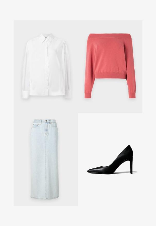 Koraal kleurige off-the-shoulder trui met lange mouwen, geribbelde halslijn en manchetten, en een aansluitende tailleband. Zacht, gestructureerd materiaal.; Witte langemouwige button-up shirt in een gladde katoenmix. Voorzien van een klassieke kraag, een knoopsluiting aan de voorkant en afgeronde manchetten.; Lichtblauwe denim maxi rok met een rechte snit, voorzijde met knopen en zichtbare stiksels. Bevat twee voorzakken.; Zwarte leren pumps met een spits toelopende neus en een smalle naaldhak op een witte achtergrond.