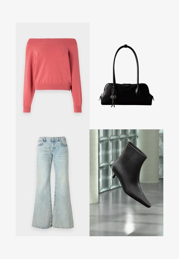 Koral off-the-shoulder sweater med lange ærmer, ribbet halskant og manchetter, samt en tætsiddende talje. Blødt, struktureret stof.; Lyseblå flared jeans lavet af denim, med høj talje, lommer og frynset kant. Stoffet har et slidt look og en subtil struktur.; Sort læderankelstøvle med spids tå og lille hæl vist mod en væg af glasblokke og poleret gulv baggrund.; Sort lædertaske fra Calvin Klein med lange håndtag, en forside-logo-tag og en sølv geometrisk vedhæng, der hænger fra det ene håndtag.