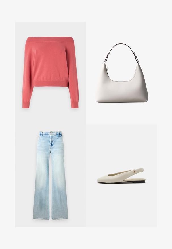 Korallefarbenes Off-Shoulder-Pullover mit langen Ärmeln, geripptem Ausschnitt und Bündchen sowie engem Taillenbund. Weicher, strukturierten Stoff.; Hellblaue, flared Jeans aus Denim. Sie bietet eine ausgewaschene Optik, Standardtaschen und einen Knopfverschluss an der Taille.; cremefarbiger Lederslingback-Flachschuh mit rundem Zehenbereich und kleinem goldfarbenem Emblem am Riemen.; Cremefarbene Calvin Klein Lederschultertasche mit gebogener Oberkante, silbernem Reißverschluss und dunkelbraunem verstellbarem Riemen.