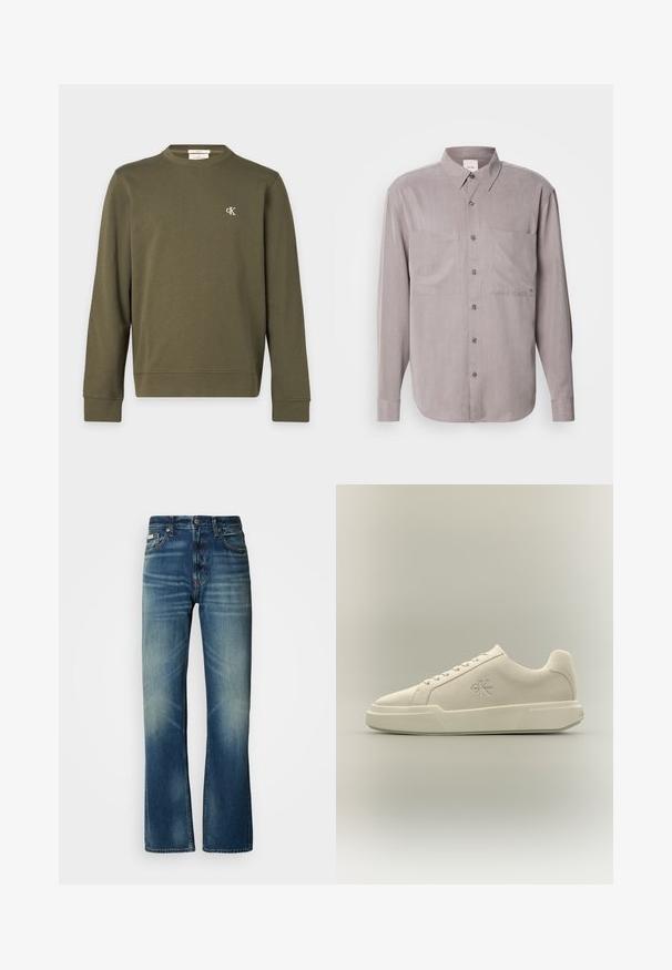 Olijfgroene lange mouwen trui met ronde hals en klein wit "cK"-logo op de linkerborst.; Langschild overhemd in gedempt grijs stof, met twee borstzakken, een klassieke kraag en tonale knoopsluitingen.; Blauwe denim jeans met een rechte pasvorm, medium wassing, vervaagde details, vijf zakken en een knoopsluiting. Duidelijke stiknaad langs de naden.; Minimalistische off-white Calvin Klein sneaker met suède bovenzijde, vetersluiting en dikke rubberen zool, getoond vanaf de zijkant op een neutrale achtergrond.