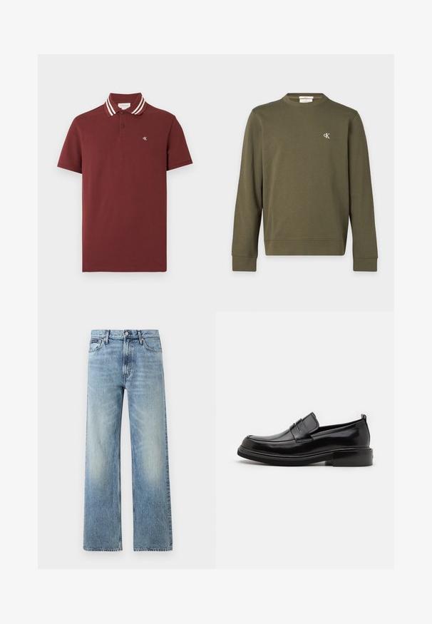 Sweat-shirt vert olive à manches longues, col rond avec petit logo blanc "cK" sur la poitrine gauche.; Polo manches courtes marron avec double rayures blanches sur le col et petit logo "cK" blanc sur la poitrine gauche.; Jean droit en denim bleu clair avec taille haute, cinq poches, fermeture à boutons et léger délavage sur les cuisses et les genoux.; Calvin Klein MOCCASIN - Mocassins de ville - black