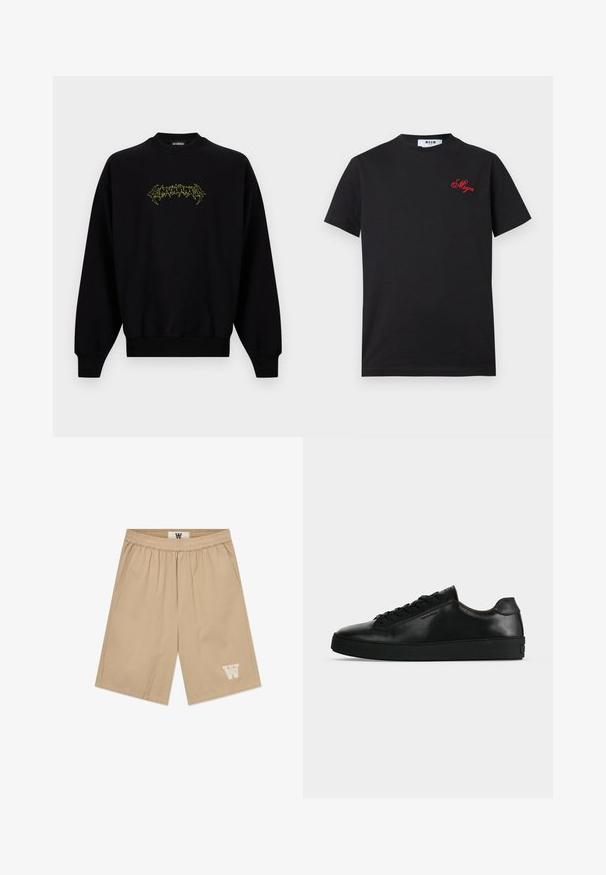 Sweat-shirt noir à manches longues et col rond avec un petit texte graphique jaune néon centré sur la poitrine.; T-shirt noir à manches courtes et col rond avec petit logo rouge "Msgm" brodé sur le côté gauche de la poitrine.; Shorts beiges en tissu léger avec une taille élastique, des poches latérales et un accent logo blanc sur la jambe inférieure gauche.; Basket basse en cuir noir avec lacets noirs et semelle épaisse noire, vue de profil sur fond gris clair.