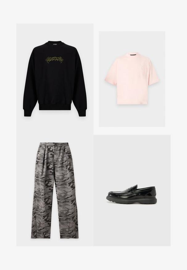 Sort langærmet crewneck-sweatshirt med lille neon-gult grafisk tekst placeret midt på brystet.; Lyserød kortærmet skjorte med høj rund hals og subtil tonal blomsterbroderi på øverste venstre bryst.; Bukser med gråt og sort camouflage mønster med elastisk talje og lige ben vist mod en ensfarvet hvid baggrund.; Sort læderloafer med en blank finish, rund tå, subtile syninger og en tyk gummisål for holdbarhed.