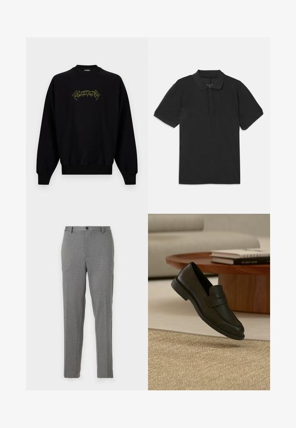 Sort langærmet crewneck-sweatshirt med lille neon-gult grafisk tekst placeret midt på brystet.; Sort polo-shirt med korte ærmer, krave og tre-knaps lukning. Lavet af et glat, let stof og har et klassisk design.; Grå skræddersyede bukser med en glat tekstur, let mønster, lynlås- og knaplukning, forlommer og tapered ben.; Sort læderloafer vist i luften over en beige vævet tæppe, med et træbord og stablede bøger i et blødt oplyst stue.