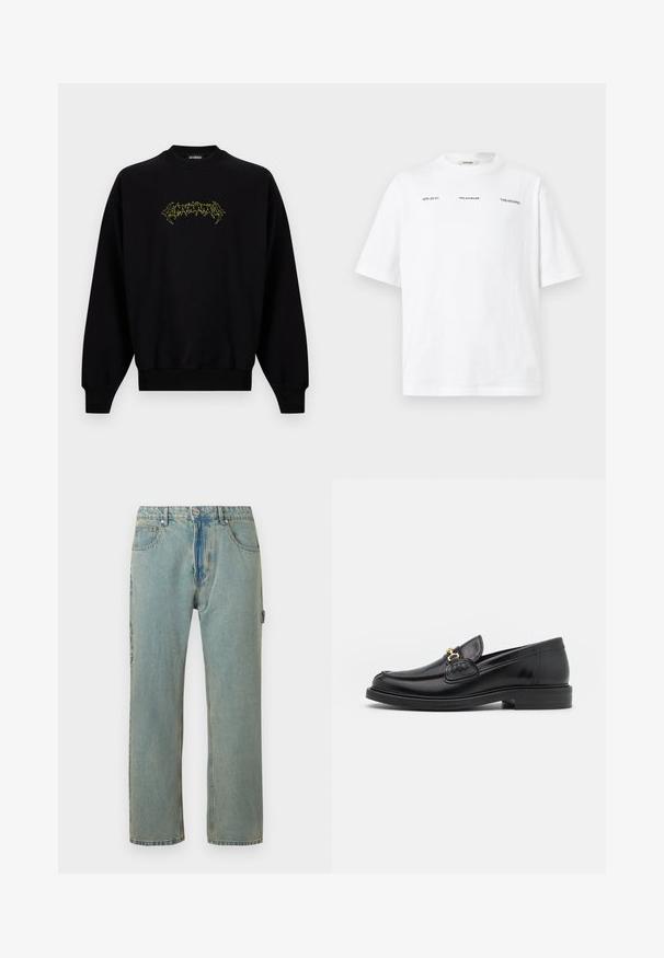 Sweat-shirt noir à manches longues et col rond avec un petit texte graphique jaune néon centré sur la poitrine.; T-shirt blanc à manches courtes avec un petit texte noir "HZW (26-27)", "Holzweiler" et "'TABLESCAPES" sur la poitrine, présenté sur un fond uni.; Jean en denim bleu clair, coupe ample, avec cinq poches, une fermeture à bouton et des coutures visibles. Le tissu présente une apparence texturée et décolorée.; Mocassins en cuir noir avec un embout rond, présentant des accents en métal doré et des détails de couture, montés sur une semelle en caoutchouc texturé et basse.