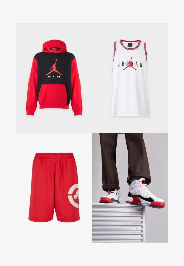 Rød og sort hættetrøje med kængurulomme og stort rødt Jumpman-logo og "AIR"-tekst på brystet.; Hvid ærmeløs basketballtrøje med rød kant, med sort "JORDAN" tekst og rød Jumpman-logo i midten.; Røde bomuldsshorts med elastisk talje, prydet med et stort hvidt grafisk design på venstre ben og en glat overflade.; Hvide og sorte sportsko med røde detaljer. Har mesh- og lædermaterialer, rund tå og struktureret gummisål.