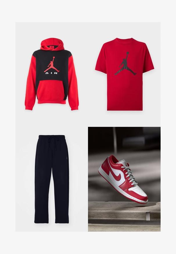 Rood-zwarte capuchontrui met een kangoeroezak en een groot rood Jumpman-logo met de tekst "AIR" op de borst.; Rood T-shirt met korte mouwen met zwarte silhouet van een basketbalspeler die springt en de bal hoog vasthoudt met één hand.; Zwarte trainingsbroek gemaakt van zacht materiaal. Voorzien van een elastische tailleband met een trekkoord en zijzakken. Rechtovertrek ontwerp.; Rood-witte Nike sneakers zweven boven een stenen bank in een zacht verlichte binnenruimte.