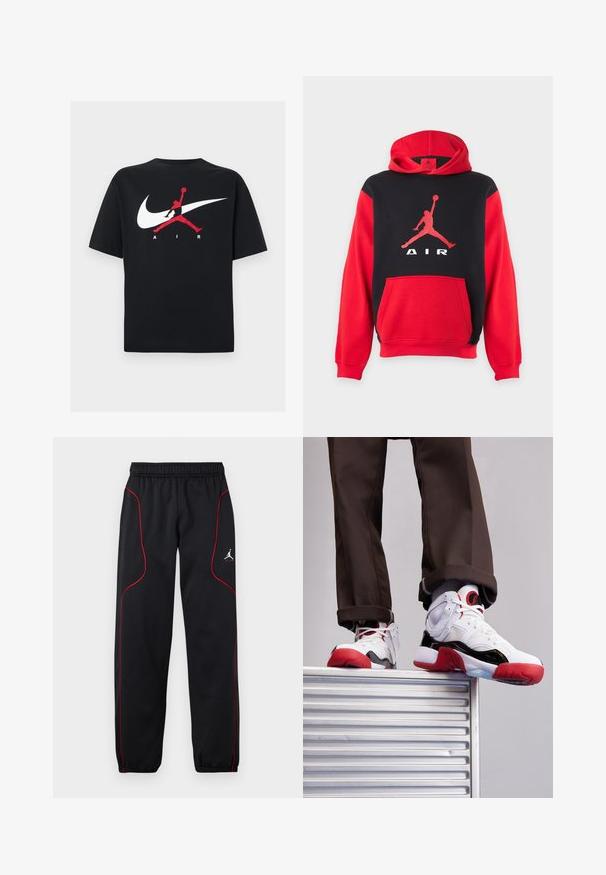 Sweat à capuche rouge et noir avec une poche kangourou et un grand logo Jumpman rouge ainsi que le texte « AIR » sur la poitrine.; T-shirt en coton noir à col rond, avec un grand logo Nike swoosh blanc et un logo Jumpman rouge accompagné du texte "AIR" en blanc.; Pantalon de sport noir avec passepoil rouge, taille et poignets élastiques, et petit logo blanc Jumpman sur la cuisse droite.; Baskets de sport blanches et noires avec des accents rouges. Comprend des matériaux en maille et en cuir, un bout arrondi et une semelle en caoutchouc texturée.
