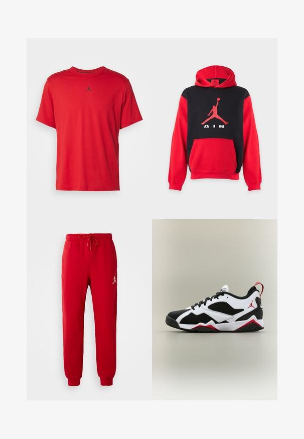 Sudadera con capucha roja y negra con bolsillo tipo canguro y un gran logo rojo de Jumpman junto con el texto "AIR" en el pecho.; Camiseta corta de algodón roja con mangas cortas, cuello redondo y un pequeño logo negro de Jordan en el pecho, con un dobladillo recto.; Pantalones de chándal rojos de algodón con cinturilla elástica y cordón ajustable. Presenta un logo blanco de Jordan en el lado izquierdo. Diseño de pierna ajustada.; Zapatilla baja en negro, blanco y rojo con paneles de malla, cierre de cordones y logo Jumpman en el lateral y en la lengüeta del talón.