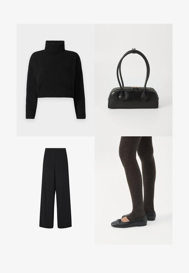Jersey negro recortado con cuello alto, mangas largas y una textura suave. Diseño simple sin patrones ni herrajes visibles.; Pantalones negros de pierna ancha y recortados con una cintura alta y bolsillos laterales, que presentan detalles de costura vertical sutil.; Piernas con leggings oscuros acanalados combinados con bailarinas negras que presentan pequeños detalles de lazo sobre un fondo blanco.; Bolso de mano de cuero negro con dos asas alargadas, cierre de cremallera y forma redondeada; textura suave con un acabado ligeramente brillante.