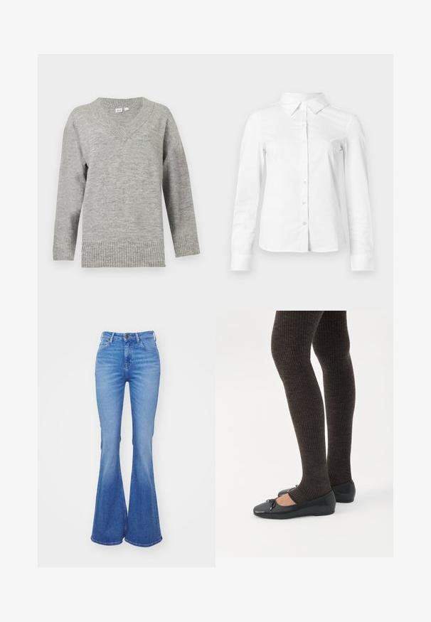 Pull gris clair à manches longues avec col en V, poignets et ourlet côtelés, présenté sur un fond blanc uni.; Chemise blanche à manches longues avec boutons, col pointu, ourlet droit et silhouette ajustée, présentée sur un fond clair uni.; Jean claires à pattes d'éléphant en denim, présentant une taille haute, cinq poches et un léger dégradé vers l'ourlet. Fermeture par un bouton en métal argenté.; Jambes portant des leggings côtelés foncés associés à des ballerines noires avec de petits détails en nœud sur fond blanc.