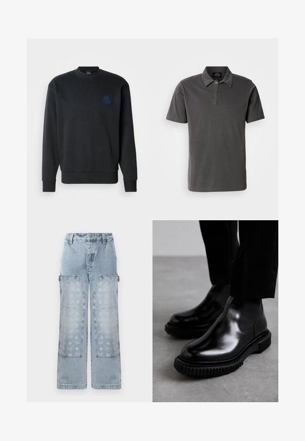 Sort sweatshirt lavet af bomuldsblandet stof. Har rund hals, lange ærmer, ribbede manchetter og en mørkeblå broderet logo på brystet.; Mørk grå polo skjorte lavet af blød bomuld. Har en krave med to knapper, korte ærmer og en lige kant.; Lyseblå denim cargo bukser har et bredt ben design, store påsyede lommer og en subtil blomsterprint på de nederste paneler med gyldne hardware detaljer.; Sorte læder Chelsea støvler med en glat overflade, elastiske sidepaneler og en tykkere, struktureret gummisul med et robust dækmønster.